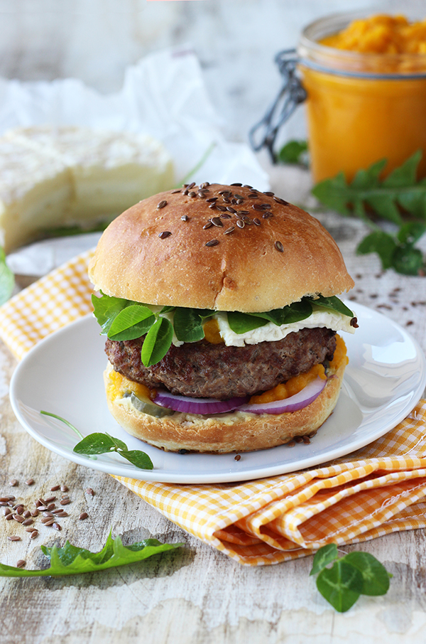 Homemade burger with carrot ketchup